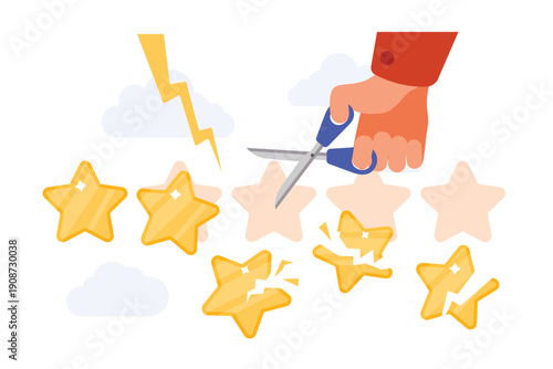 Negative customer feedback, comment and review about bad experience using product. Clients hand cutting rating star with scissors, online complaint in social media cartoon vector illustration