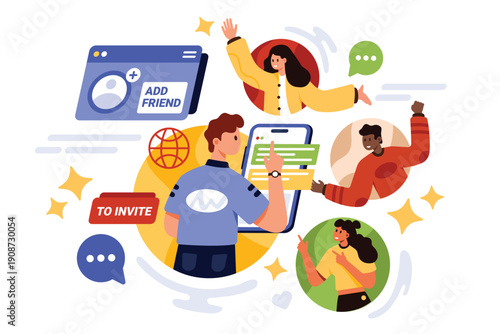 Refer and invite friends to loyalty program, social media community. Tiny influencer using phone app to add new familiar customers in circle profile avatars to group cartoon vector illustration