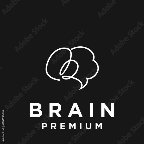 Minimalist Line Art Brain Logo Icon with Text on Black Background