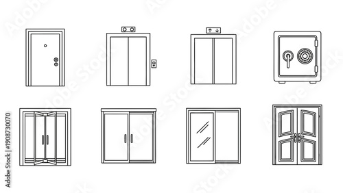 door and safe icons set, line art design