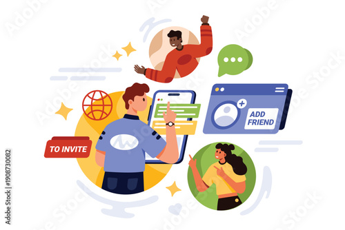 Add friend, referral loyalty program, friendship in social media. Tiny people invite familiar users inside round avatars to follow and share network support and bonuses cartoon vector illustration