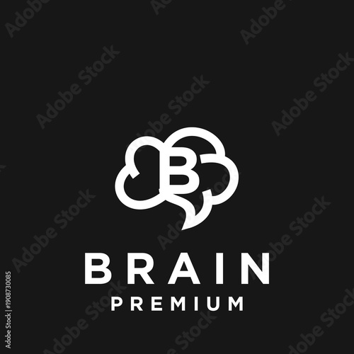 Brain and Letter B Outline Logo Design. Abstract Mind Icon Concept for Smart Technology or Business Branding.