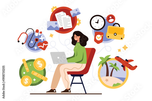Benefits of corporate company employee. Incentives for woman working on laptop, salary and life bonuses, best quality of career and award, vacation and health insurance cartoon vector illustration