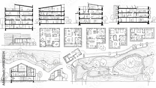 Architectural plans and building sections, detailed drawings