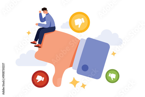 Loss of energy and motivation from negative feedback and criticism due to mistake. Tiny sad office employee feeling fatigue and burnout sitting on giant thumbs down cartoon vector illustration