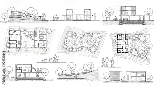 Architectural drawings of modern houses and landscapes