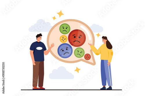 Negative feedback, criticism and problem of poor communication, conflict of interest. Tiny man and woman talking, speech bubble full of sad and disappointed emoji faces cartoon vector illustration