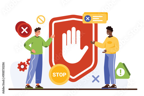 Stop sign, warning, danger or safety caution, information. Tiny people standing at forbidden entry or restricted area, ban or blocked road, alert attention of wrong way cartoon vector illustration