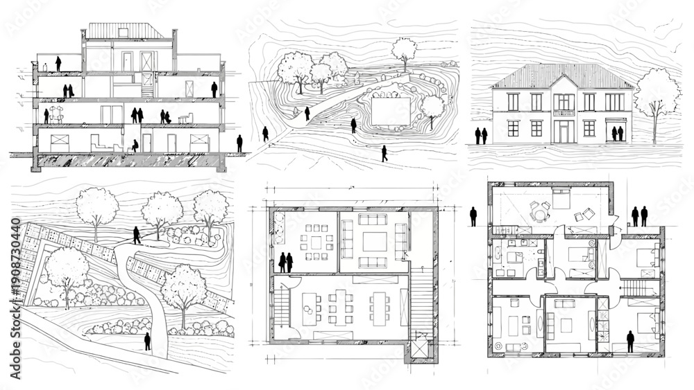 Fototapeta premium Architectural drawings: building plans, cross-sections, and landscape designs