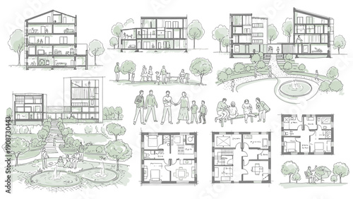 architectural sketches of houses and landscape, building design