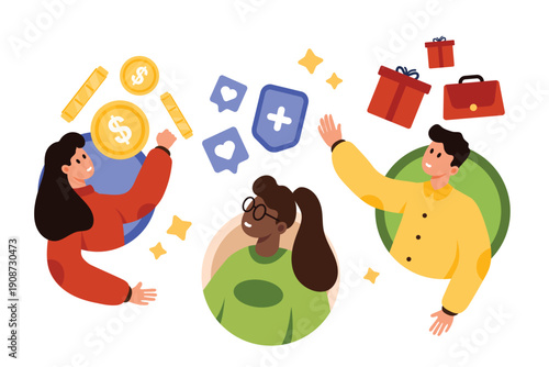 Benefits and offers for corporate company employees life quality. Round avatars of managers team with salary and cash bonuses, social incentives and career support cartoon vector illustration