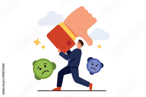 Bad company reputation and crisis, negative feedback and review burden. Tiny unhappy tired businessman holding big thumbs down with efforts, heavy weight of problems cartoon vector illustration