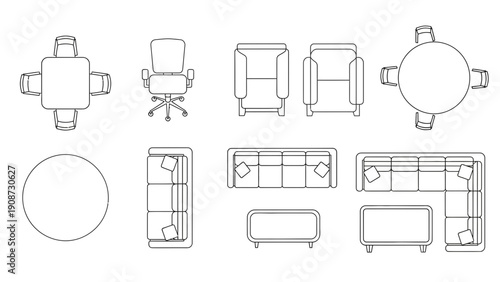 Furniture top view, interior design elements, plan view, blueprint