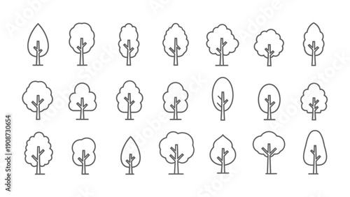 tree icons set, outline style, nature elements