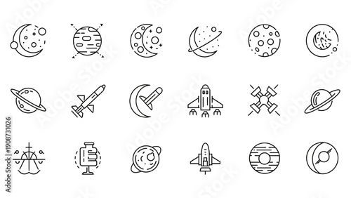 space icons set, planets, rockets, satellites, cosmos, galaxy, universe