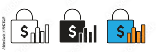 Financial Growth And Security Icon Vector. Professional vector icon set featuring a shopping bag with dollar sign and growth bar chart, representing financial success and commerce.