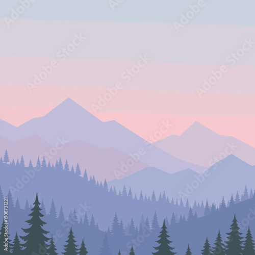 Mountain Range with Trees Silhouette Illustration.