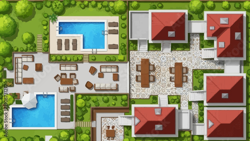 Luxury villa aerial view with pool and garden