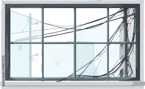 Window Glass Reflecting Overhead Wire Creating Geometric Lines and Minimalist Urban Composition