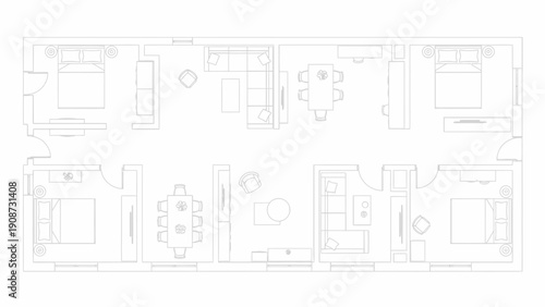 Apartment floor plan with furniture layout, top view, interior design