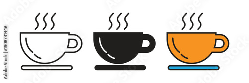 Hot Coffee Cup Icon Vector. Simple hot beverage cup icon set with steam lines, representing coffee, tea, or breakfast service for menus and restaurant apps.