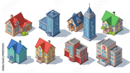 isometric buildings set, urban architecture, city design, construction