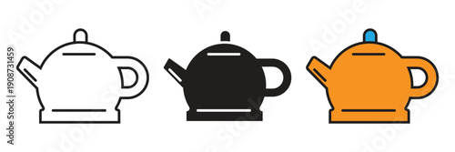 Teapot Or Ceramic Kettle Icon Vector. Classic teapot or kettle vector icon set, perfect for tea house branding, afternoon tea menus, kitchenware icons, and beverage service.