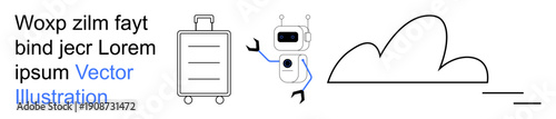 Robotics, travel, future, artificial intelligence, minimalism, innovation. Robot character with suitcase next to a cloud shape. Robotics and travel concepts in a minimalist style