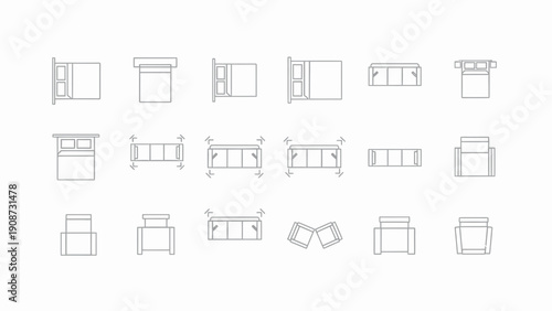 Furniture top view icons set, bed, sofa, armchair, line art
