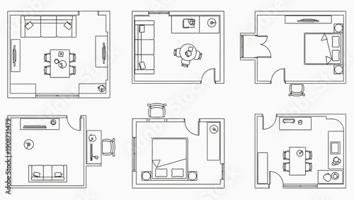 Floor plan layouts, home interior design, architectural drawings, room arrangement