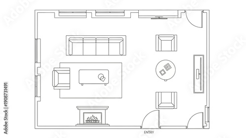 Living room floor plan with furniture layout, top view