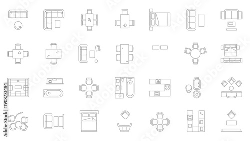 furniture layout plan, top view, interior design elements