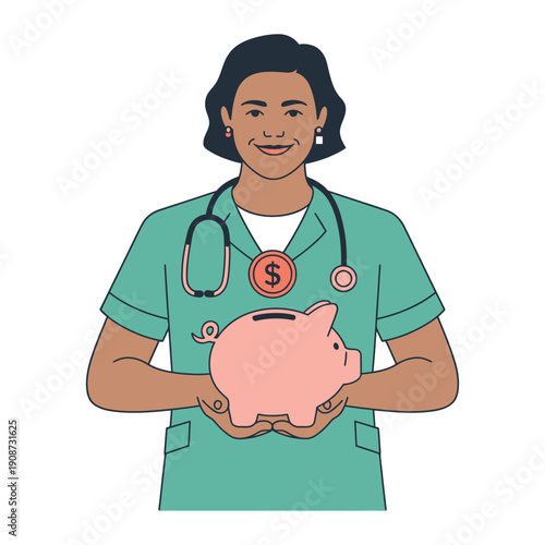 A smiling healthcare professional holding a piggy bank, symbolizing saving money for medical expenses or retirement.
