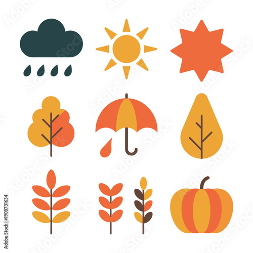 A colorful illustration of various autumn icons including leaves, sun, rain, and pumpkin on a white background.