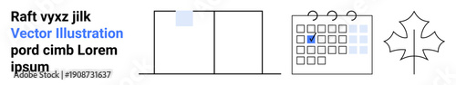 Scheduling, planning, organization, nature, modern design, symbolic . An outlined window, a calendar with a marked date and a sleek leaf icon. Scheduling and planning focus