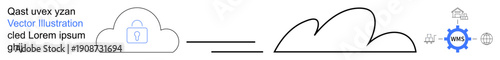 Cloud computing, data protection, network connectivity, digital transformation, cybersecurity, web services. Cloud icon with a secure lock and connection lines. Cloud computing and data protection