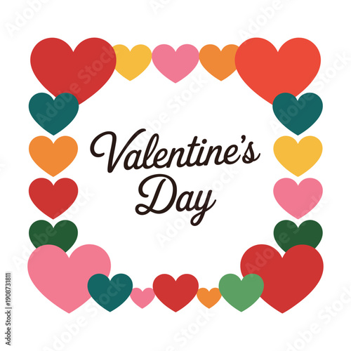 A colorful Valentine's Day graphic with a heart border and text on a white background