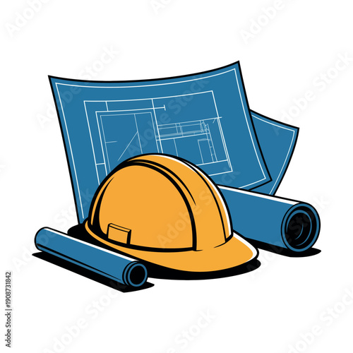 A yellow hard hat and rolled up blueprints on a white background, symbolizing construction and architecture