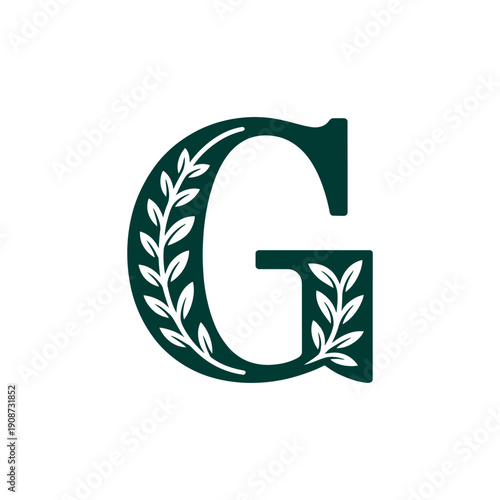 A large green letter G with white leaf designs on a plain white background