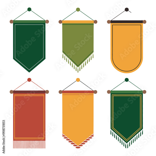 A collection of colorful hanging banners with various designs and shapes on a white background