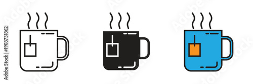 Hot Tea Mug with Tea Bag Icon Vector. Steaming tea mug vector icon set featuring a submerged tea bag, perfect for cafe menus, breakfast themes, and beverage service.