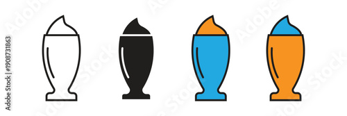 Milkshake Or Frappe Glass Icon Vector. Cold beverage glass icon set with whipped cream topping, ideal for dessert menus, cafe milkshakes, smoothies, and summer drink promotions.