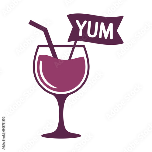 A purple wine glass with a straw and a Yum flag on a white background