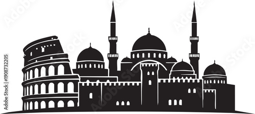Historical Mediterranean and Middle Eastern Skyline Silhouette Architectural Collage