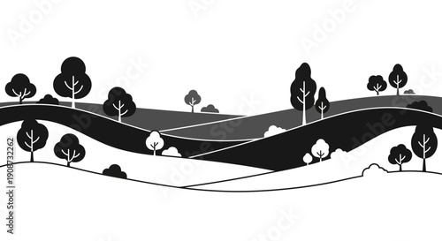 Black and White Illustration of Trees and Hills.
