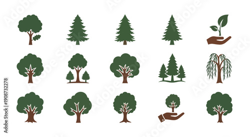 Collection of Various Tree Icons and Symbols.