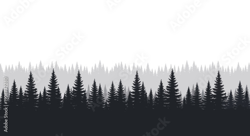 Silhouetted Evergreen Trees Against White Sky.