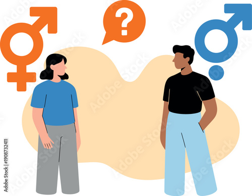 A man and woman discussing gender identity with question marks and symbols surrounding them