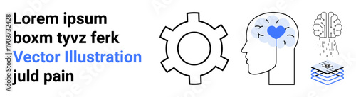 Cogwheel, human head with a heart, brain and layered elements evoke mental health, compassion, and innovation. Ideal for therapy, well-being, technology, creativity neurosciences psychology simple