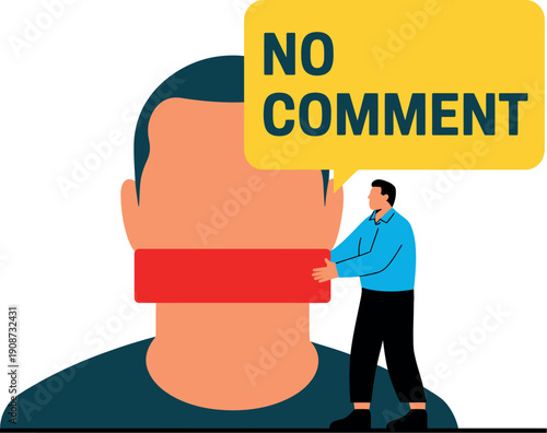 A man is silenced by another man with a tape over his mouth and a speech bubble saying no comment.